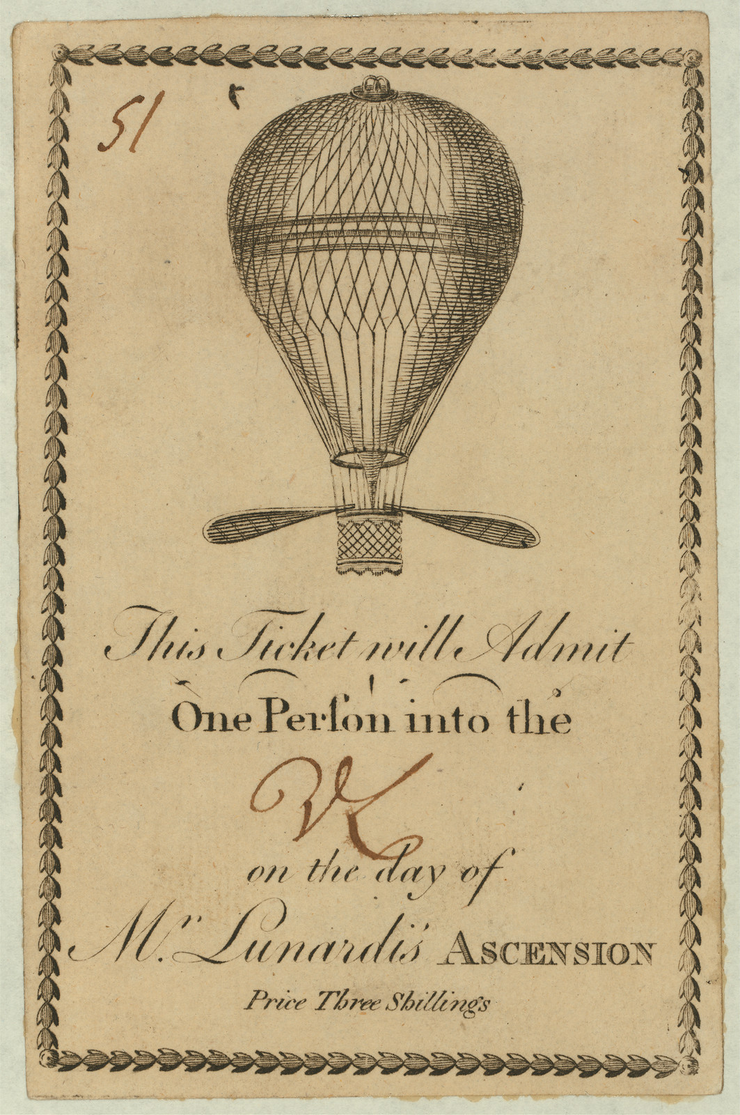 Ticket admitting one person to Mr Lunardi's balloon ascension — historic image