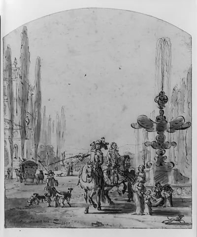 [Street scene with horsemen and fountain]