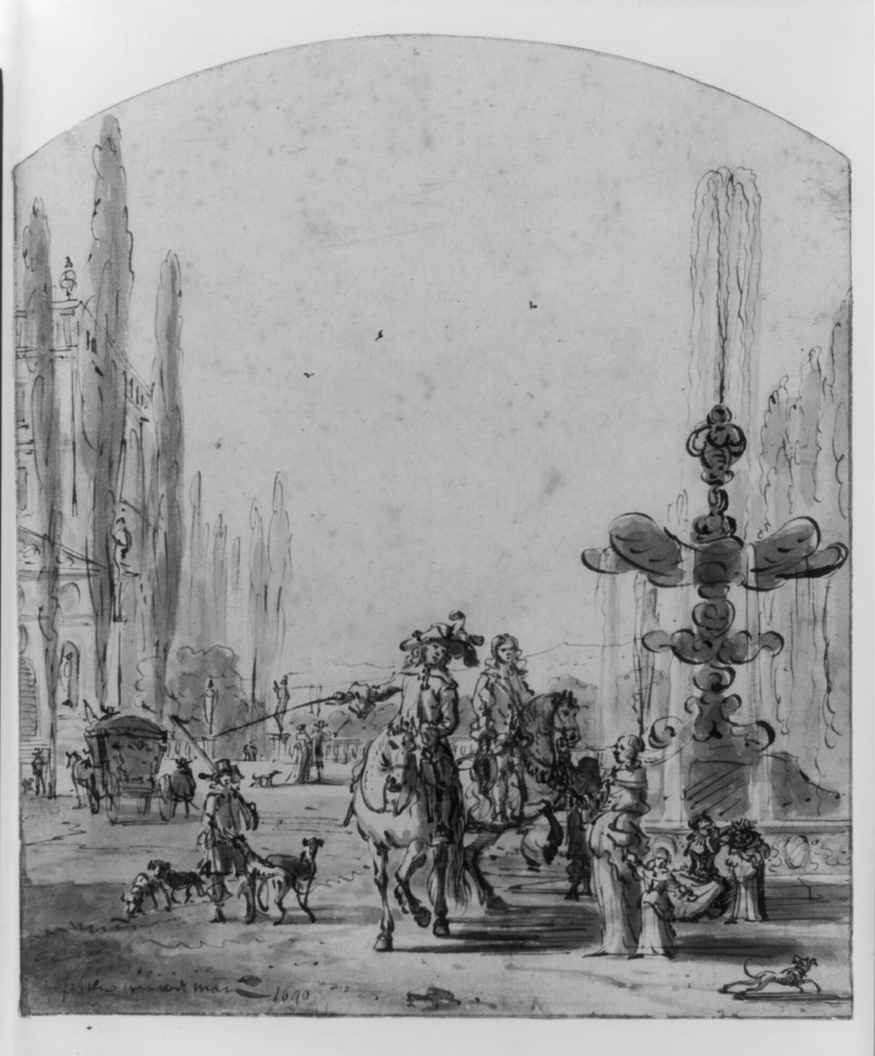 [Street scene with horsemen and fountain], 1640 — historic drawing