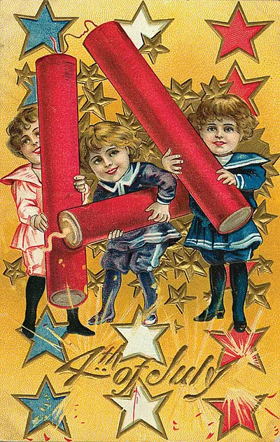 Fourth of July postcard with children and firecrackers