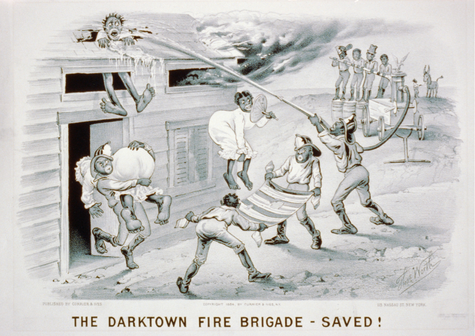 The darktown fire brigade-saved!, [New York] : Currier & Ives, 1884. — antique lithograph