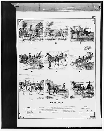 Plate of nine horse-drawn carriages, labelled Carriages
