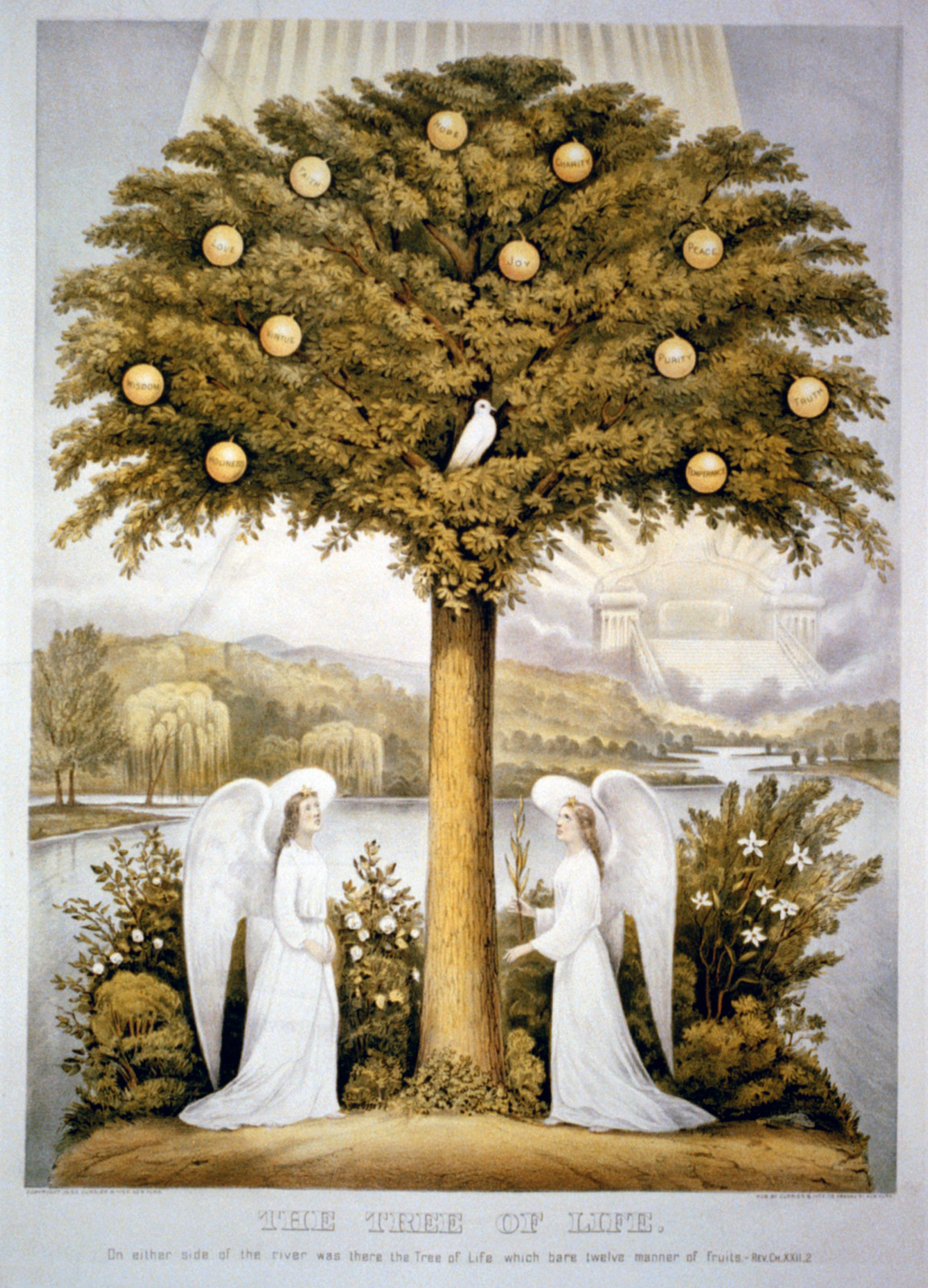The tree of life: on either side of the river was there the tree of life which bare twelve manner of fruits.--Rev. ch. XXII,2, New York : Published by Currier & Ives, c1892. — antique lithograph