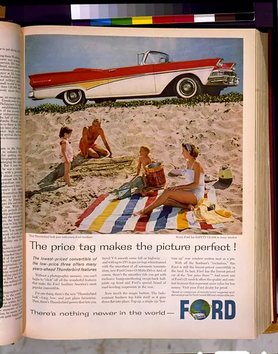 [Page of advertisement for Ford automobiles, showing a 1958 Ford Fairlane 500 convertible and man, woman, and two children on beach]