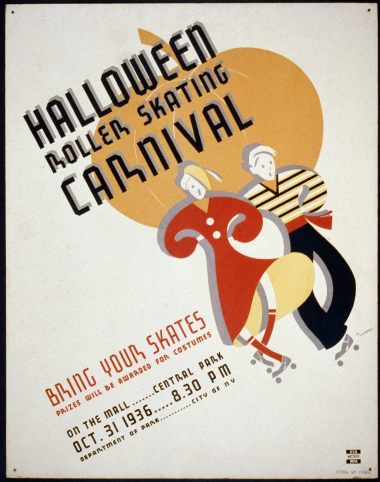 Halloween roller skating carnival Bring your skates (S) Prizes will be awarded for cost, 1936 — vintage poster