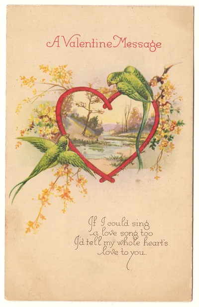 A Valentine Message: green parakeets around a red heart