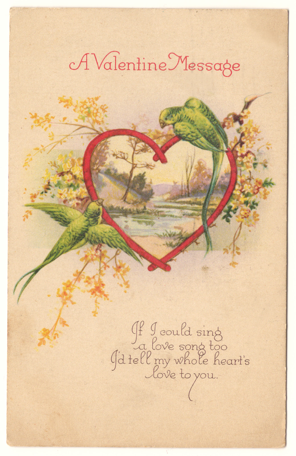 A Valentine Message: green parakeets around a red heart — historic image