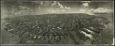 Aerial panorama of San Francisco waterfront and shipping