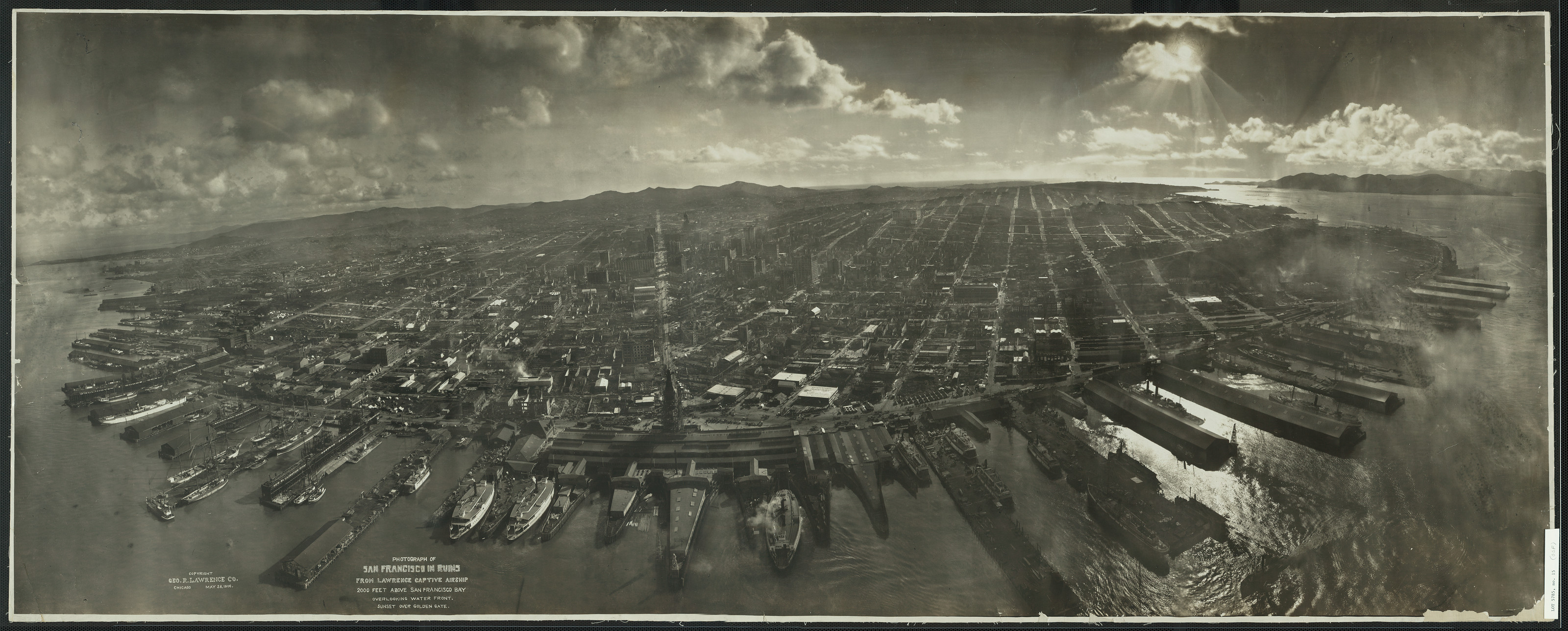 Aerial panorama of San Francisco waterfront and shipping — historic image