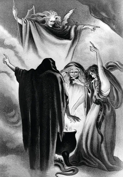 [Three witches standing around a boiling cauldron; above them hovers a devil(?)]