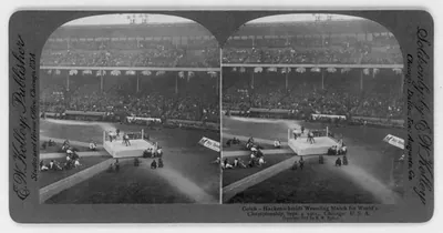 Gotch - Hackenschmidt Wrestling Match for World's Championship [shows wrestlers in outdoor ring and spectators in grandstand], Sept. 4, 1911, Chicago