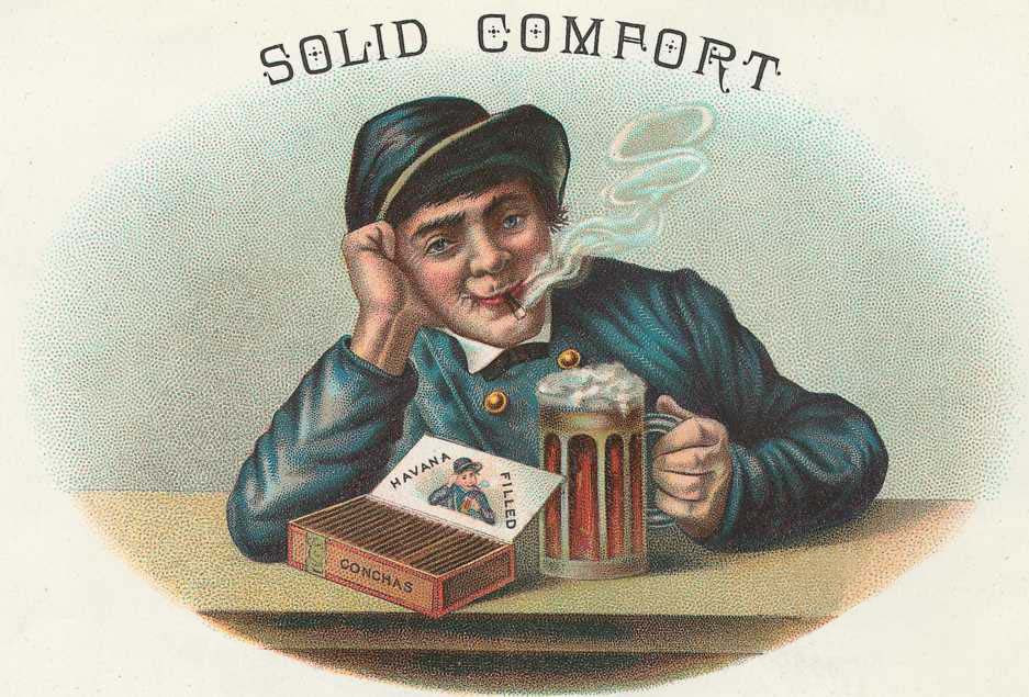 Solid Comfort cigar label: man smoking beside beer stein — historic image