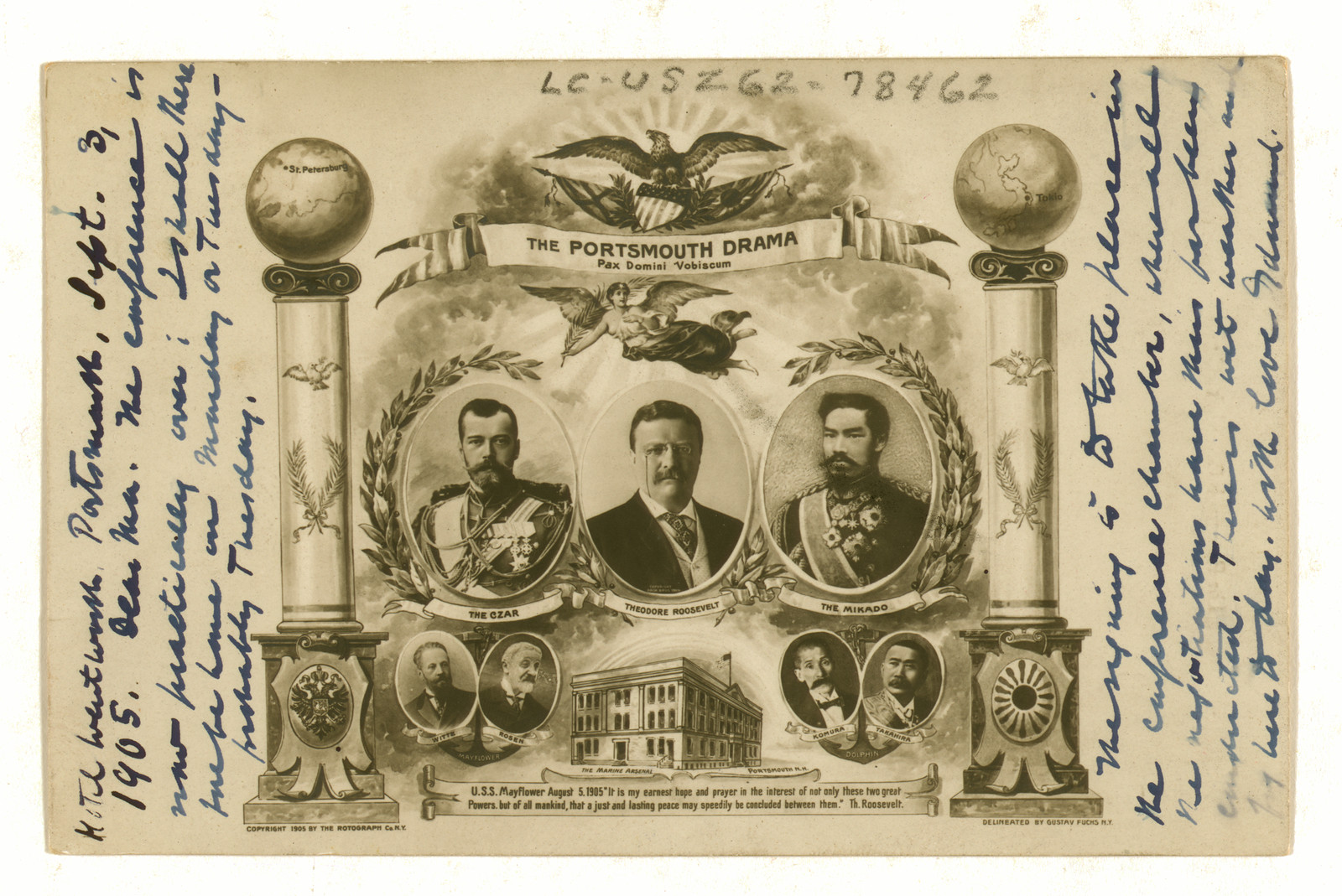 The Portsmouth Drama postcard with Czar, Roosevelt and Mikado — vintage postcard