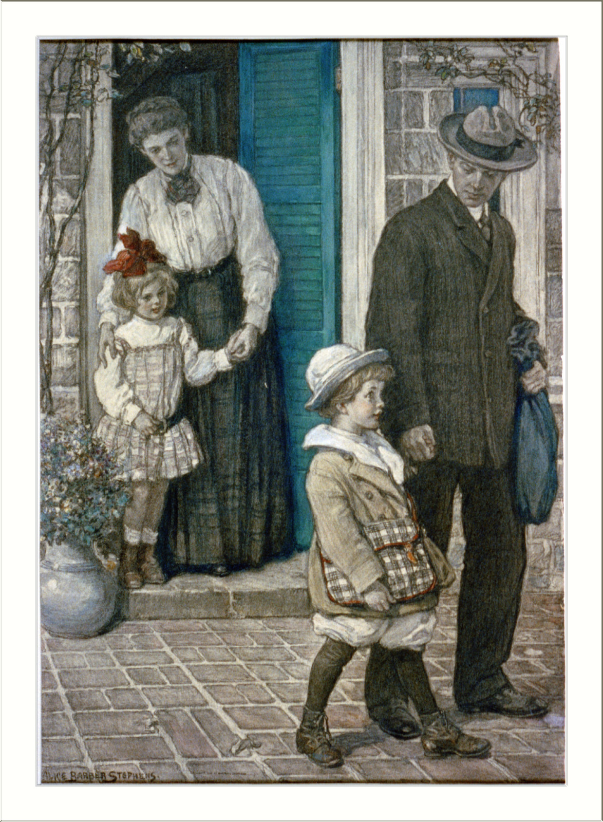 Family at a doorway with two children, watercolor illustration — historic image