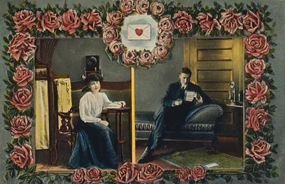 Postcard, addressed to Miss Nellie Bonjour, Chapin, Iowa, showing two frames surrounded by roses, woman sitting by telephone in one frame and man reading letter by telephone in other frame