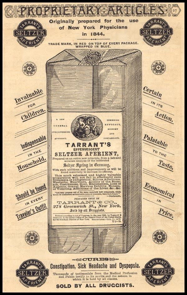 Tarrant's Seltzer Aperient advertisement, Proprietary Articles — historic image