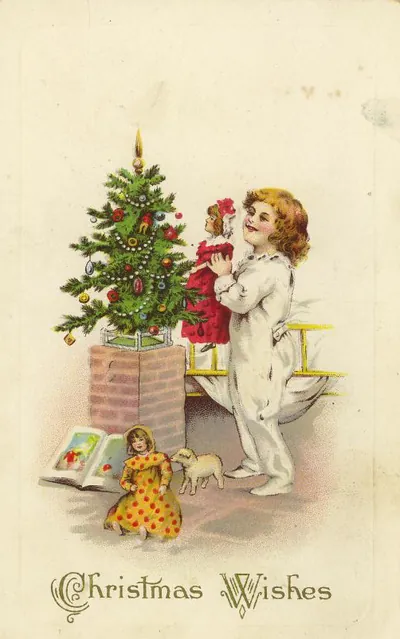 Christmas Wishes greeting card with child and tree