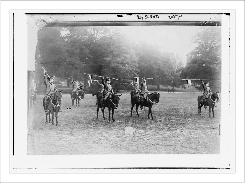 Boy Scouts. On Horseback with spears held aloft., n/a — historic photograph