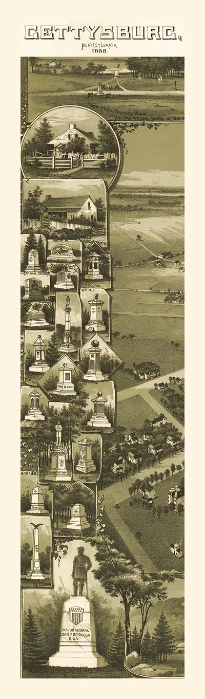 Gettysburg, Pennsylvania 1888 bird's-eye map with monuments