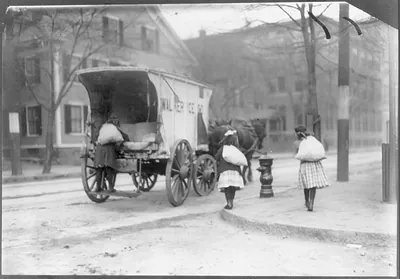[Girls working on ice wagon.] Location: New York, New York (State)