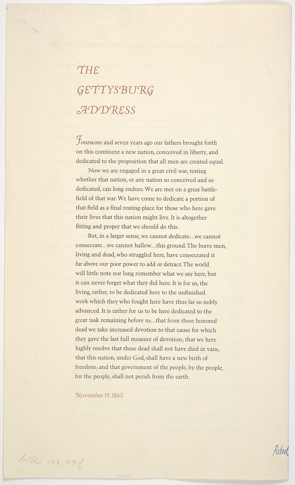The Gettysburg Address, printed text page — historic print