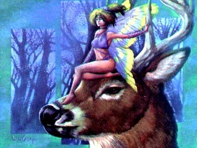 Fairy riding a deer through a misty forest
