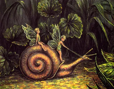 Two fairies riding a snail through garden foliage