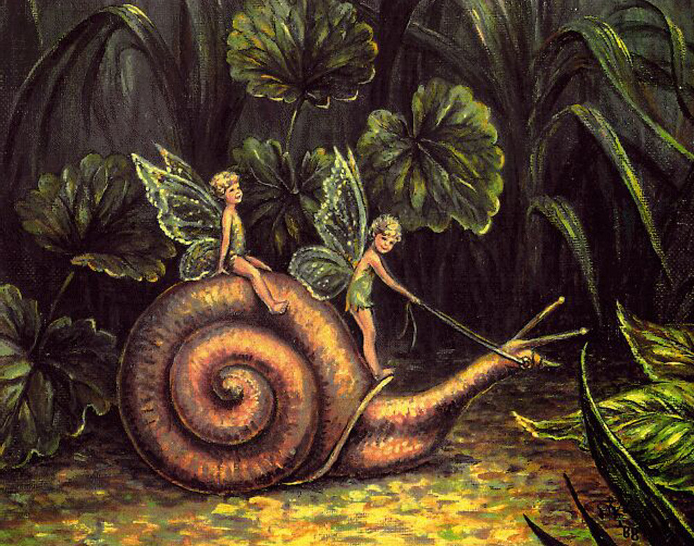 Two fairies riding a snail through garden foliage — historic image