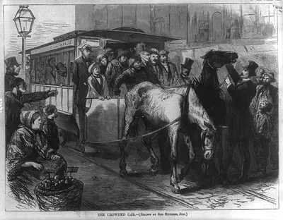 The Crowded car [Pair of horses unable to pull overcrowded street car in New York City]