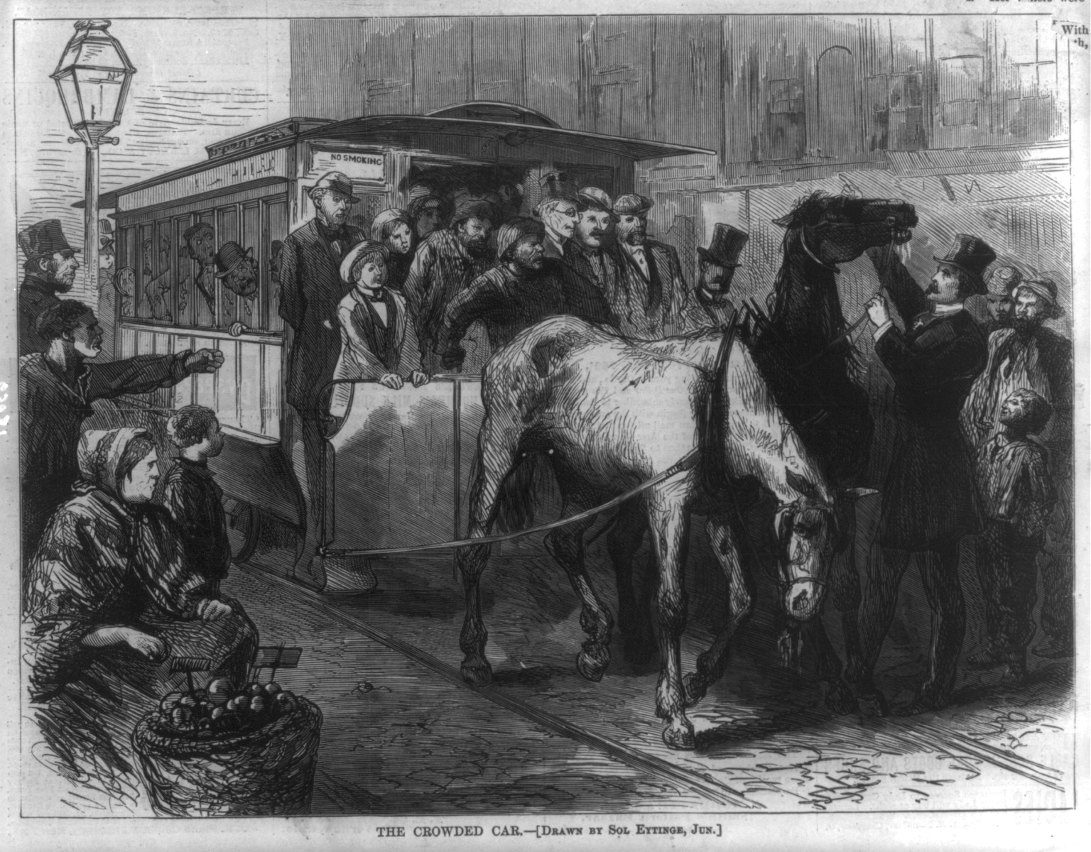 The Crowded car [Pair of horses unable to pull overcrowded street car in New York City], 1872 — antique engraving