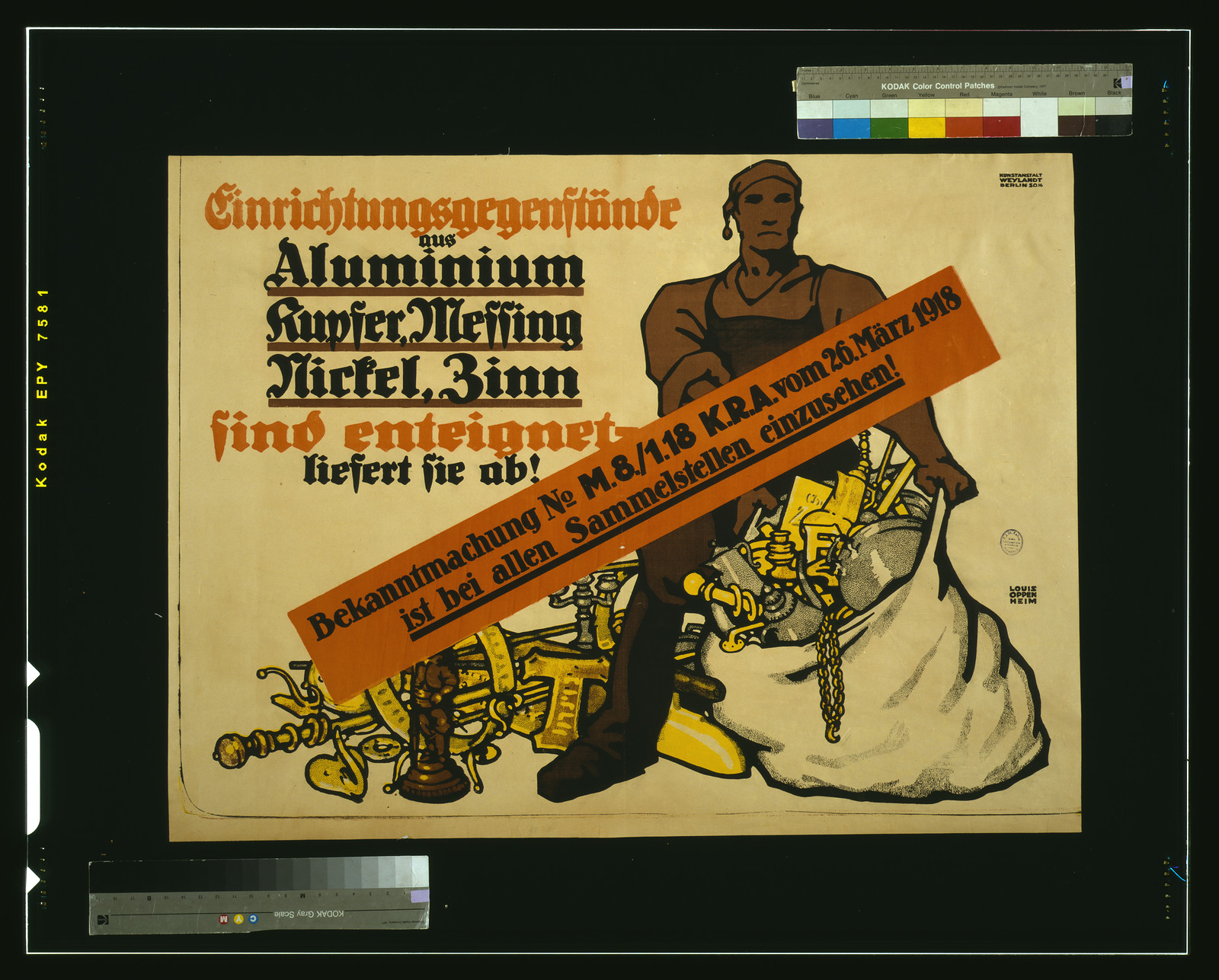 Einrichtungsgegenstaumlnde aus Aluminium Kupfer Messing Nickel Zinn sind enteignet liefert sie ab! / Louis Oppenheim., 1918 — vintage poster