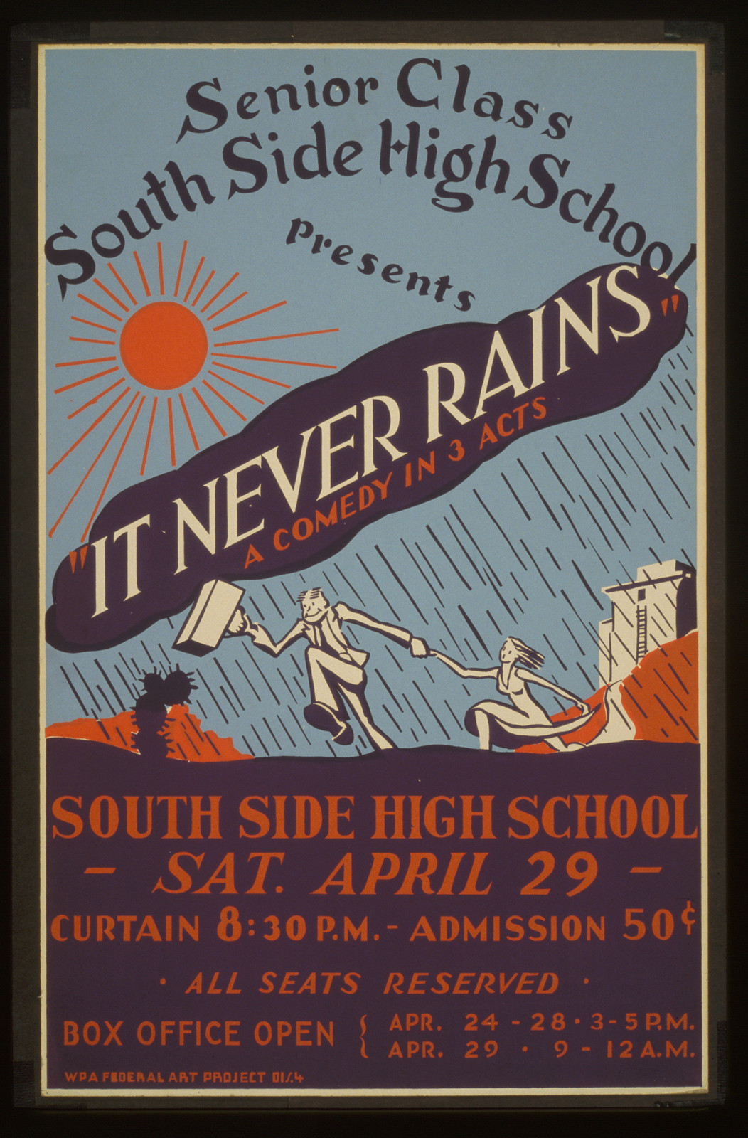 South Side High School senior class presents It never rains a comedy in 3 acts, 1936 — vintage poster