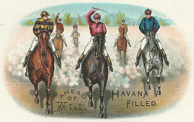 Jockeys racing horses, advertisement reading Havana Filled