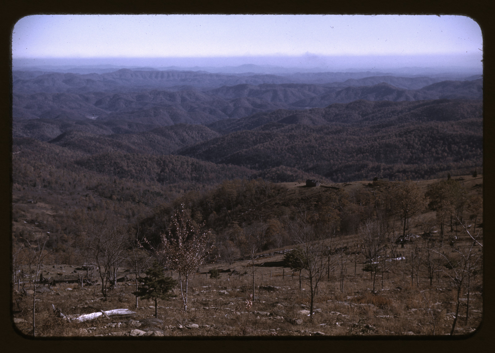 Hazy forested mountain ridges viewed from a bare hillside — historic image