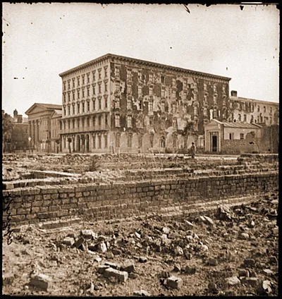 Charleston S.C. The fire-scarred Mills House; Hibernian Hall at left