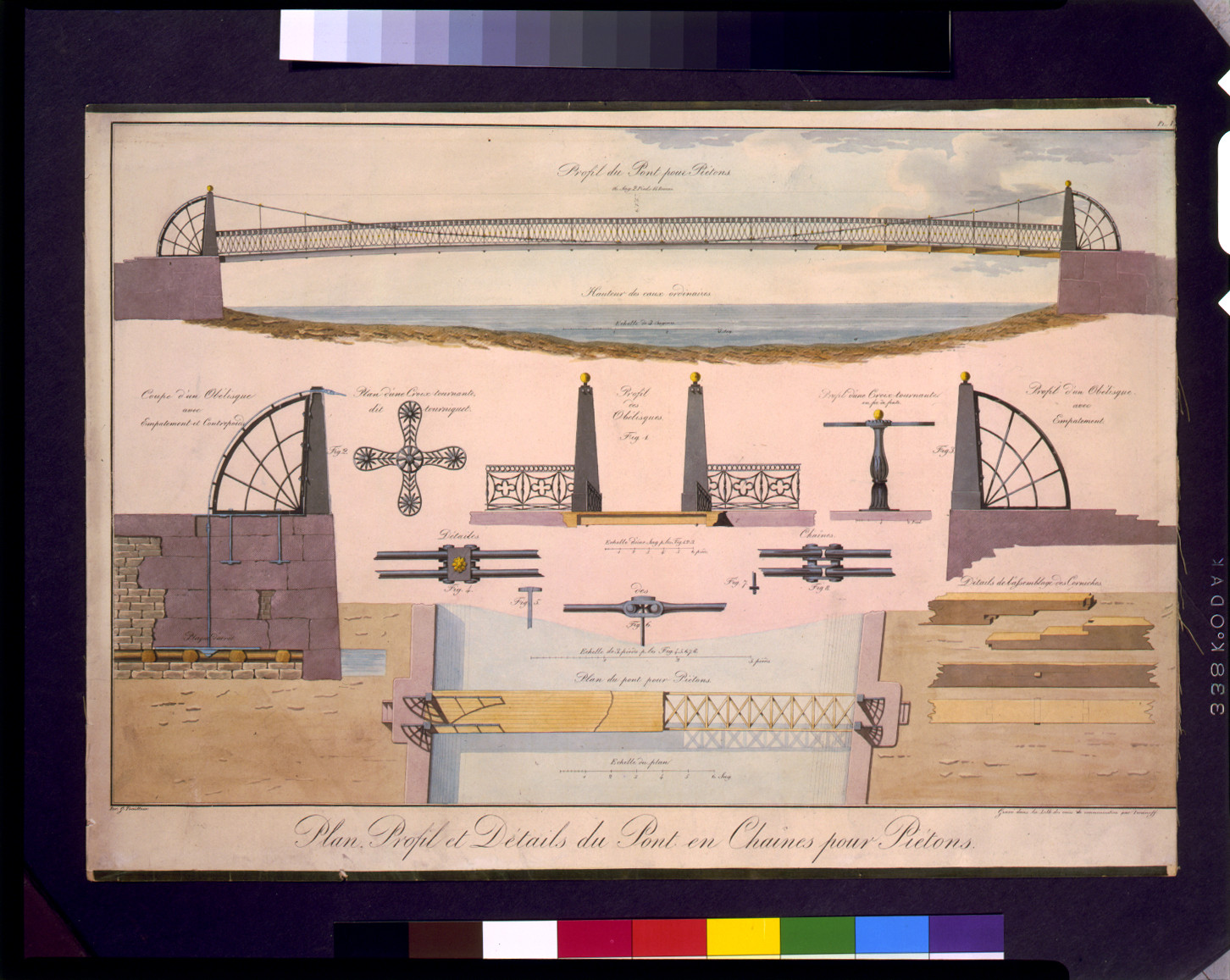 Plan, profil et détails du pont en chaînes pour piétons / par. G. Traitteur ; gravé dans la lith des voies de communication par Ivanoff., [1825] — antique lithograph