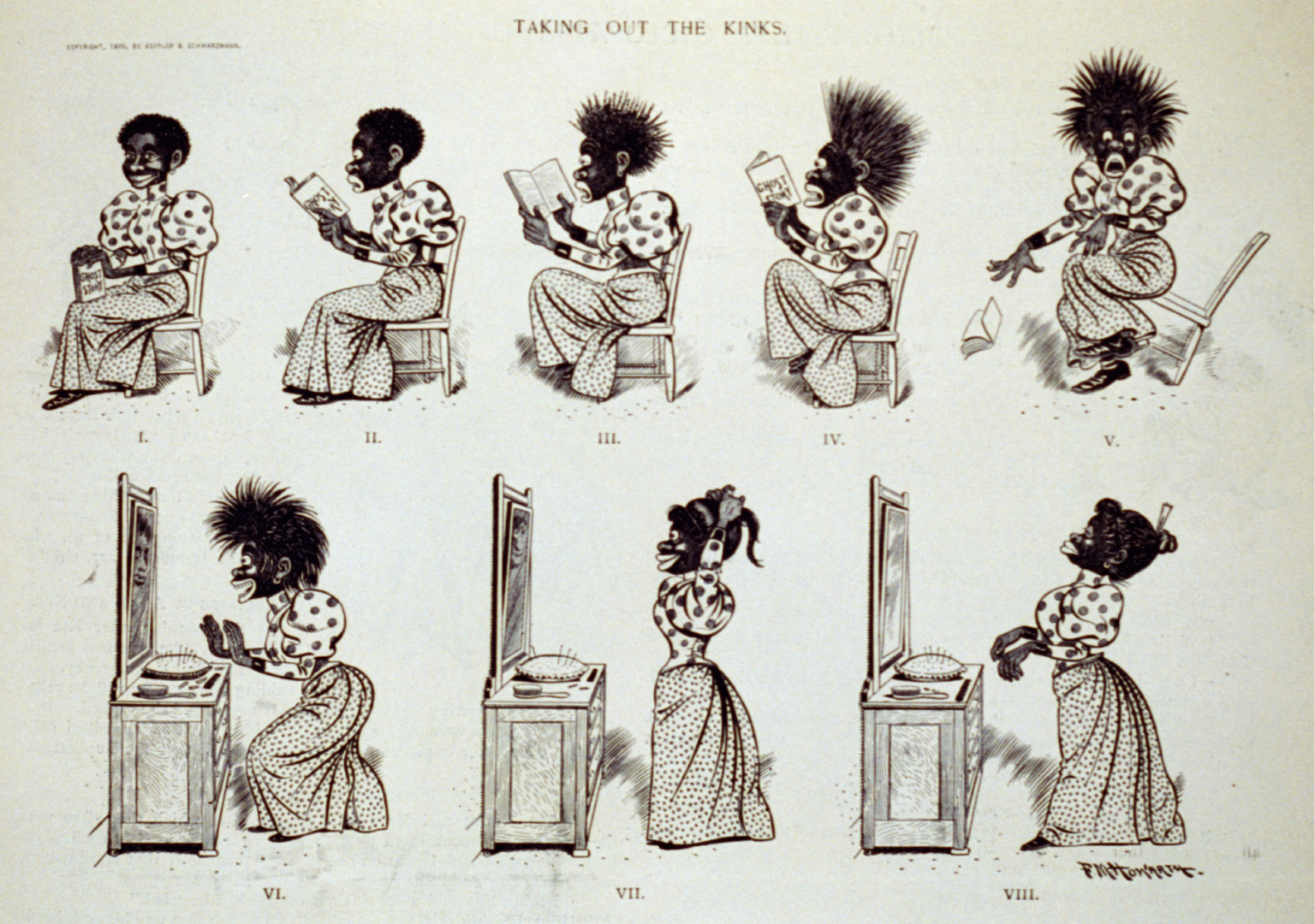 Taking out the kinks, 1895 — antique engraving