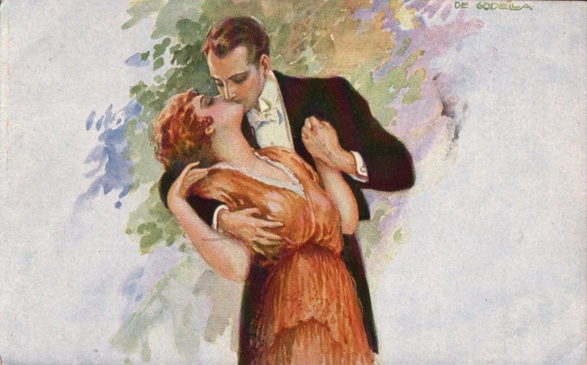 Painted romantic couple kissing, signed De Godella — historic image