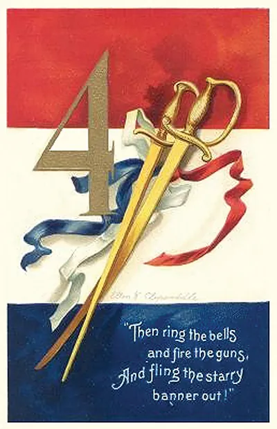 Patriotic Fourth of July card: gold 4, crossed swords, flag ribbons