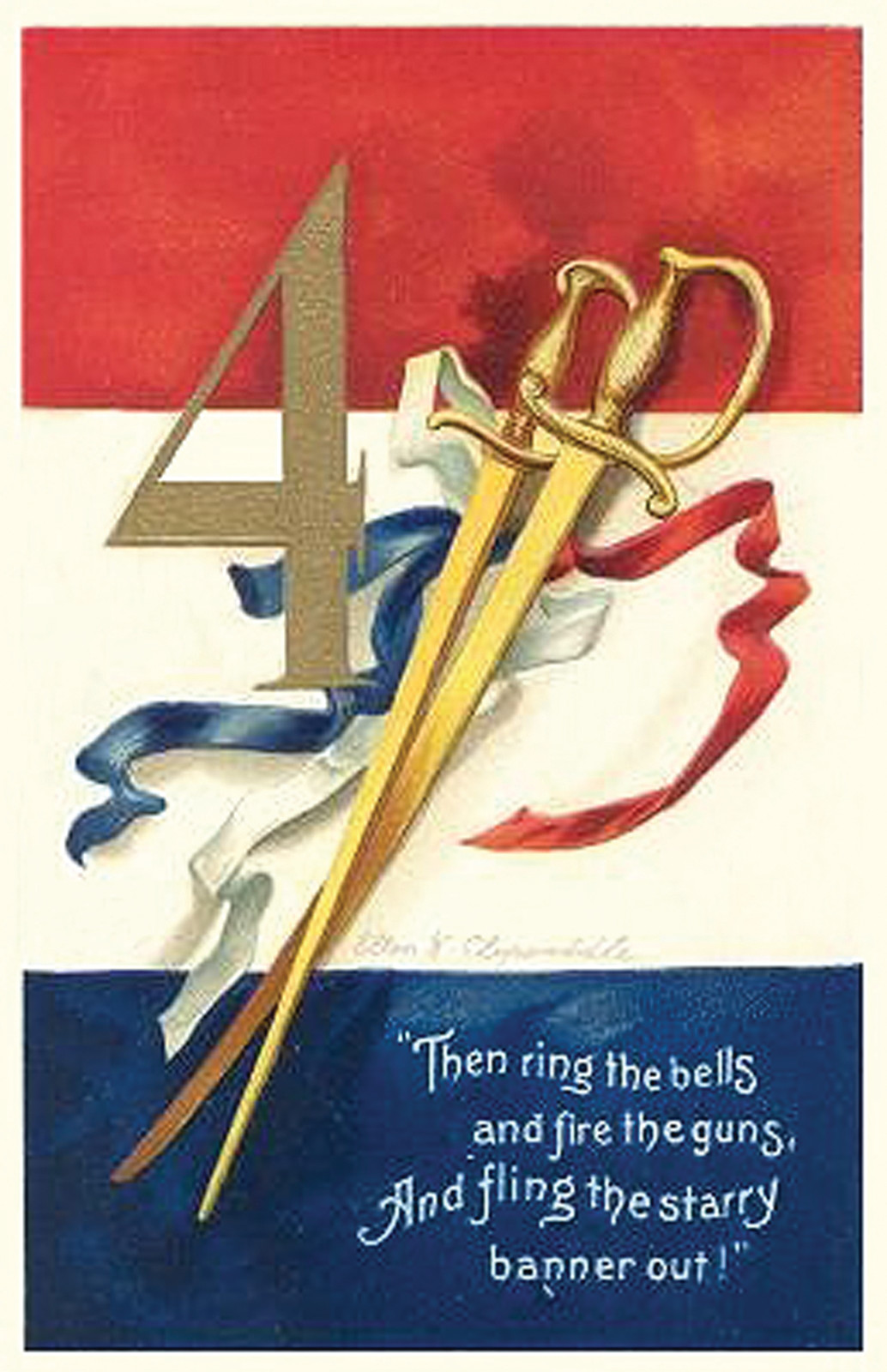 Patriotic Fourth of July card: gold 4, crossed swords, flag ribbons — historic image