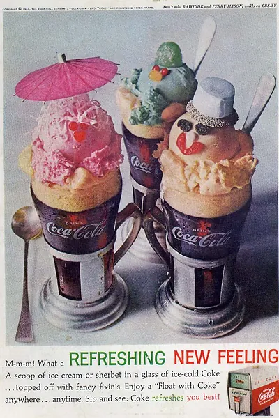 Coca-Cola ad: Refreshing New Feeling, ice cream floats