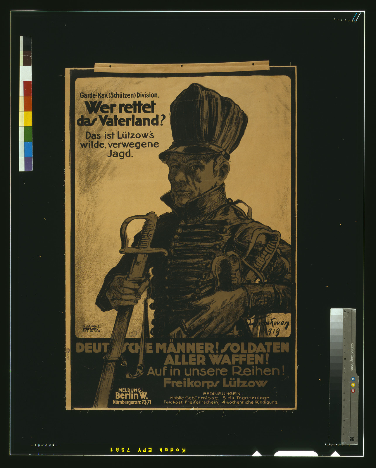 Wer rettet das Vaterland? Freikorps Lützow recruitment poster, 1919, 1919 — vintage poster
