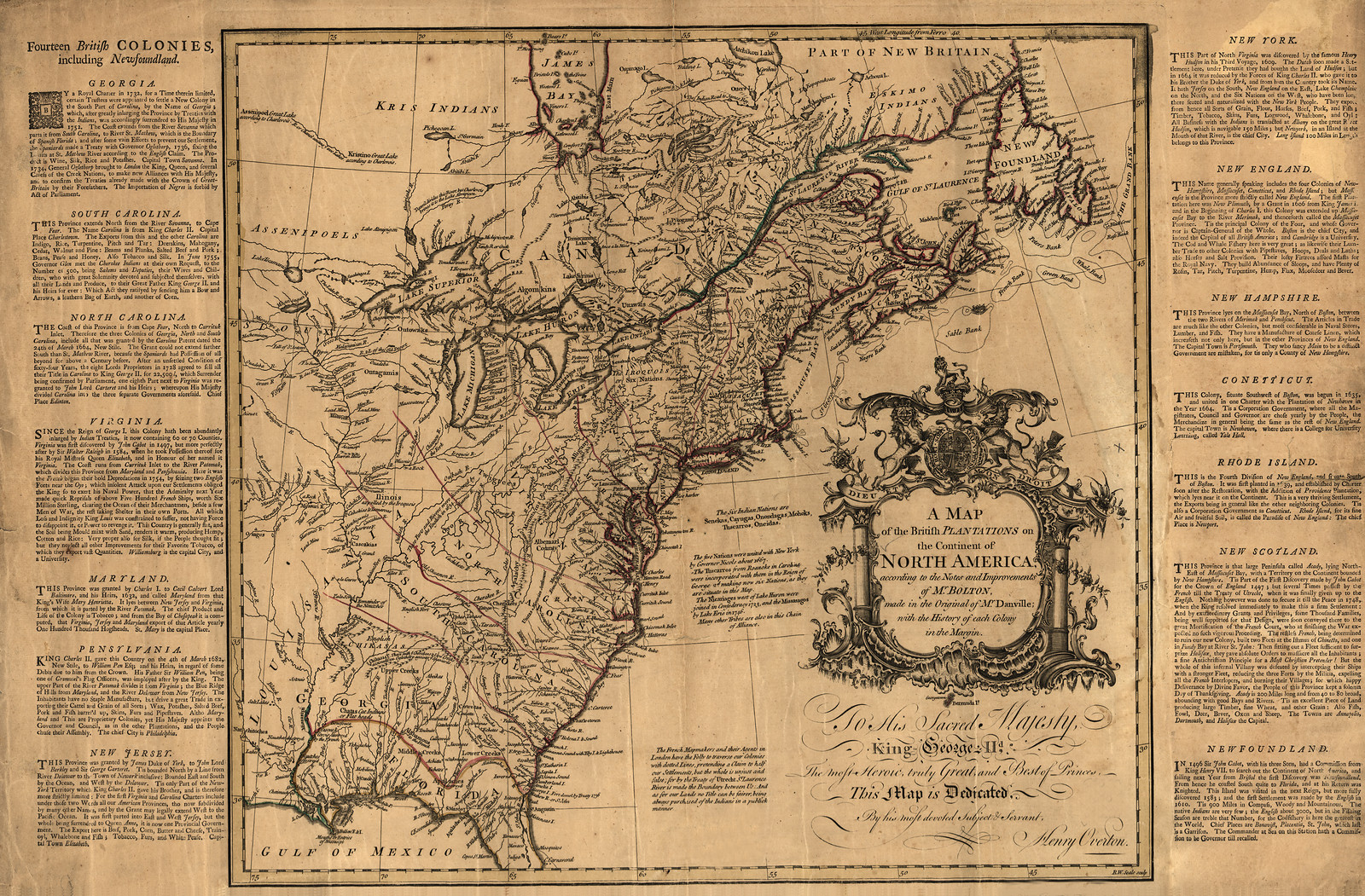 A Map Of The British Plantations On The Continent Of North America, According To The Notes And Improvements Of Mr. Bolton, Made In The Original Of Mr. Danville; With The History Of each Colony In The Margin, c. 1755-1760 — antique map