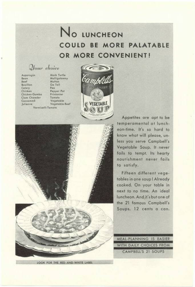 Campbell's Vegetable Soup advertisement, No Luncheon Could Be More Palatable — historic image