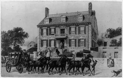 [Boston, Mass., Gov. John Hancock mansion with carriage drawn by six horses in foreground]