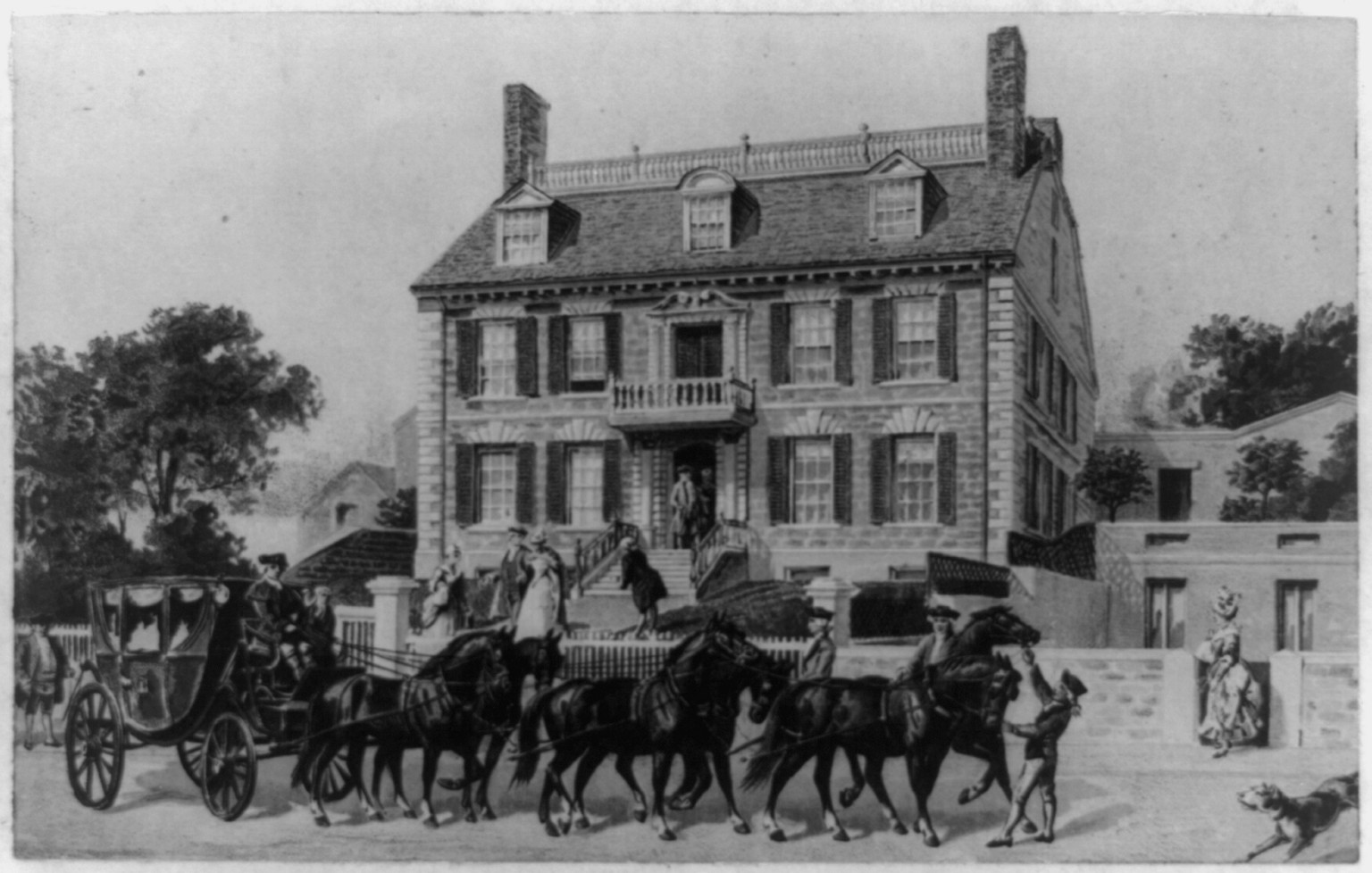 [Boston, Mass., Gov. John Hancock mansion with carriage drawn by six horses in foreground], c1893. — historic photograph