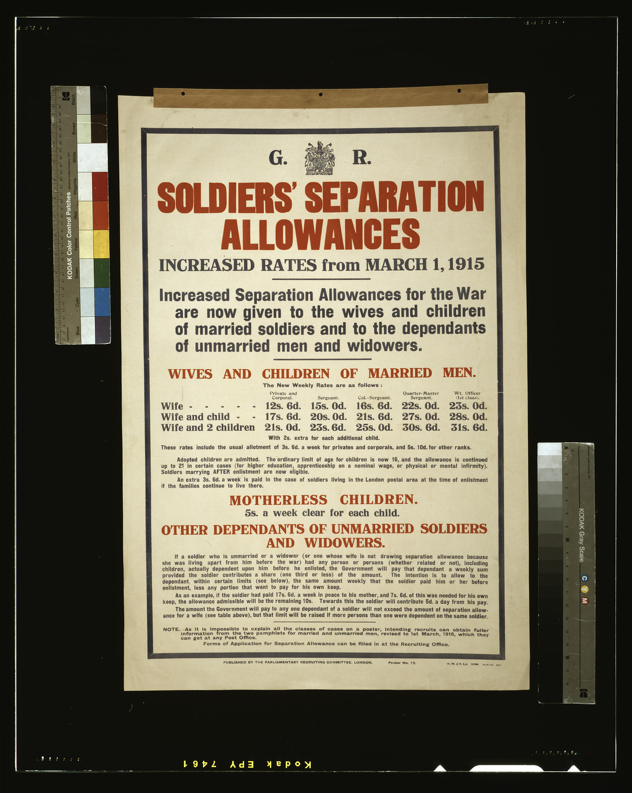 Soldiers' separation allowances. Increased rates from March 1, 1915 [...] / H. W. & V. Ld., London : Parliamentary Recruiting Committee, [1915] — vintage poster