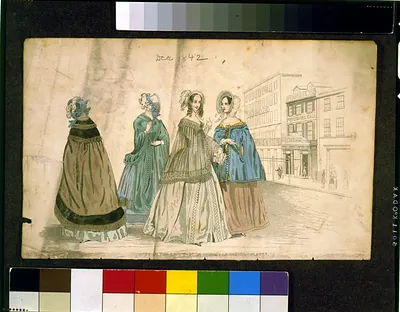 Hand-colored fashion plate of four women, Dec 1842