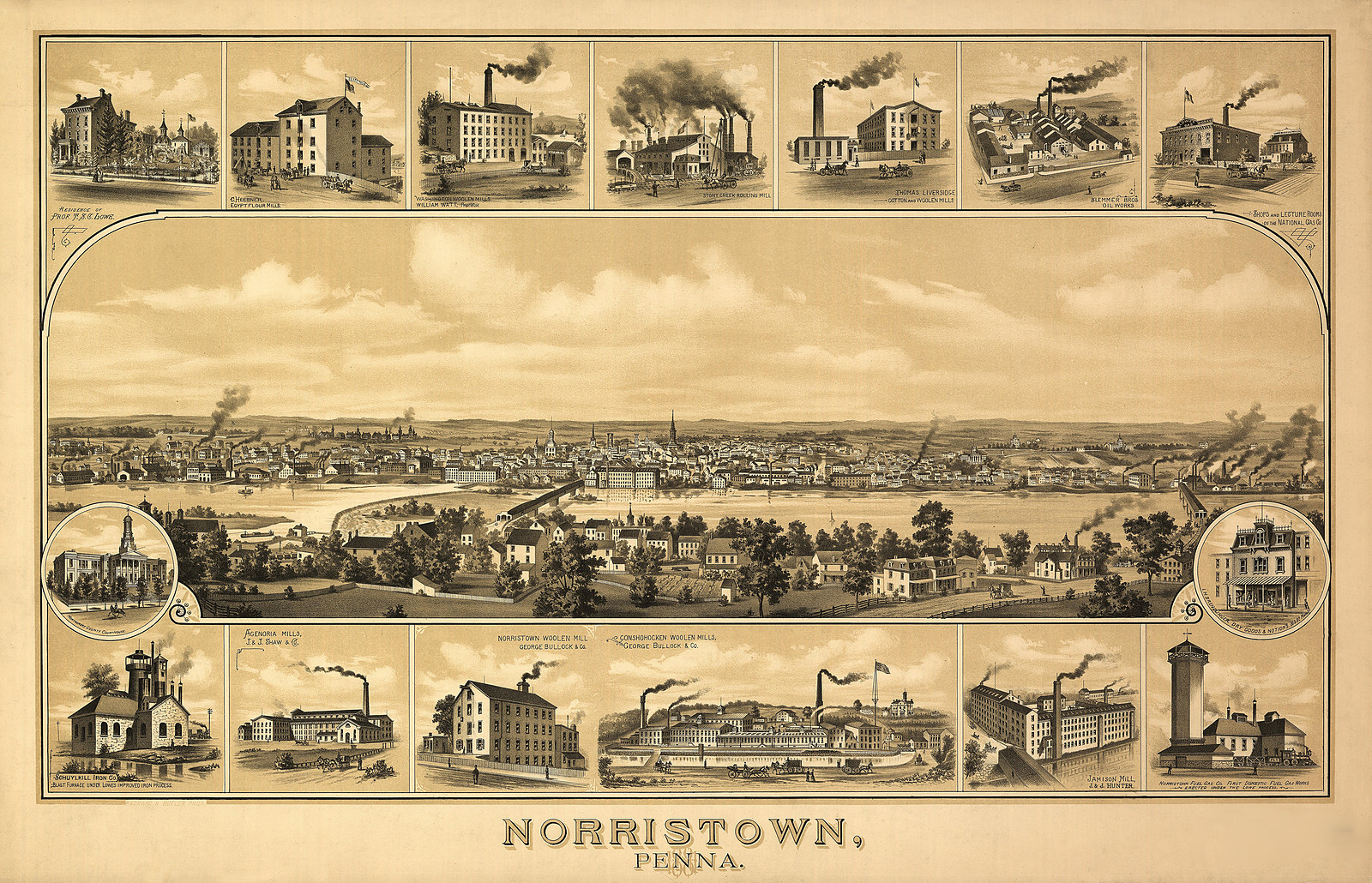 Norristown, Penna. bird's-eye view with mill vignettes, 1881 — antique map