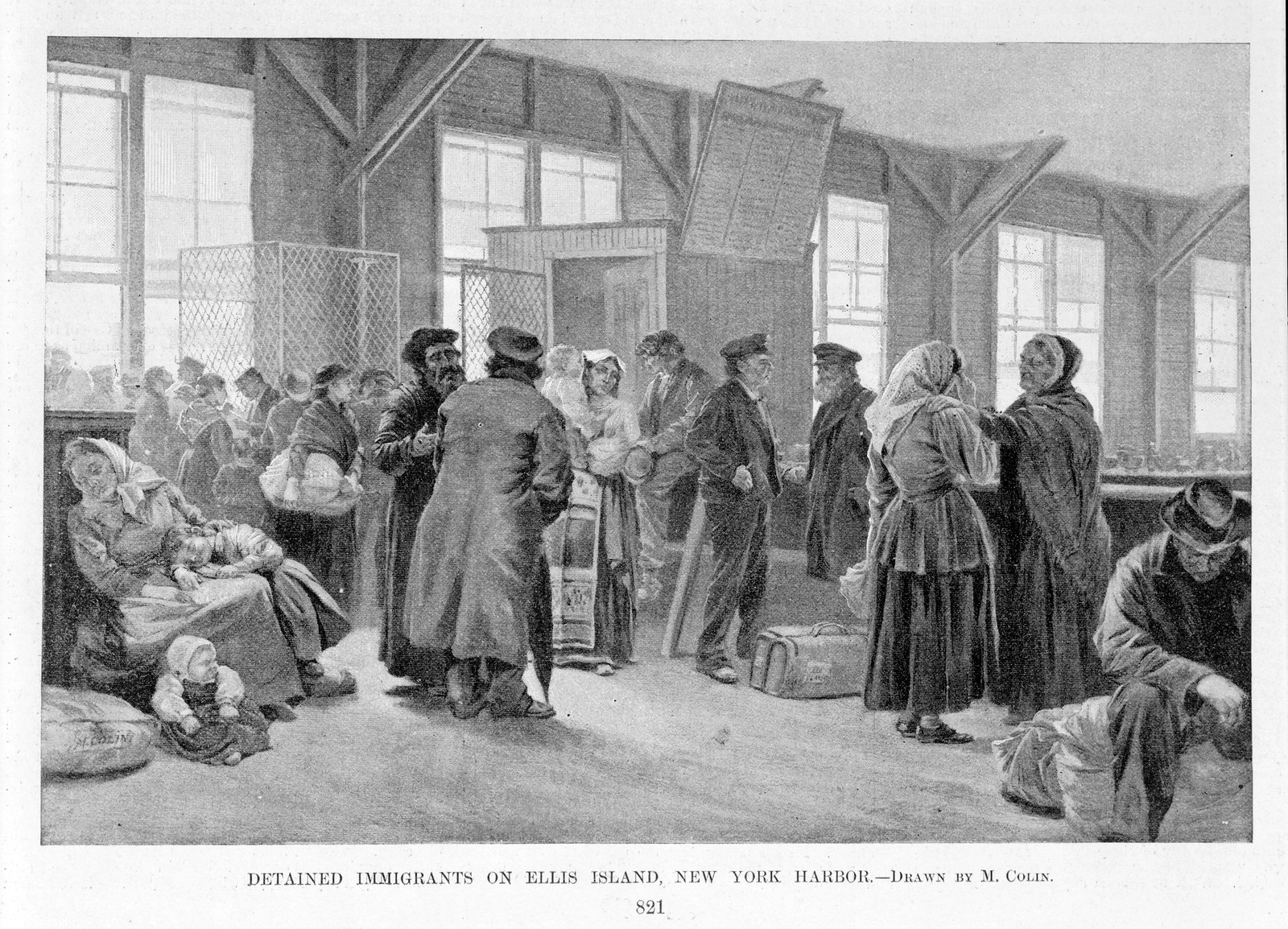 Detained immigrants on Ellis Island, New York harbor / Drawn by M. Colin., 1893 Aug. 26. — historic print